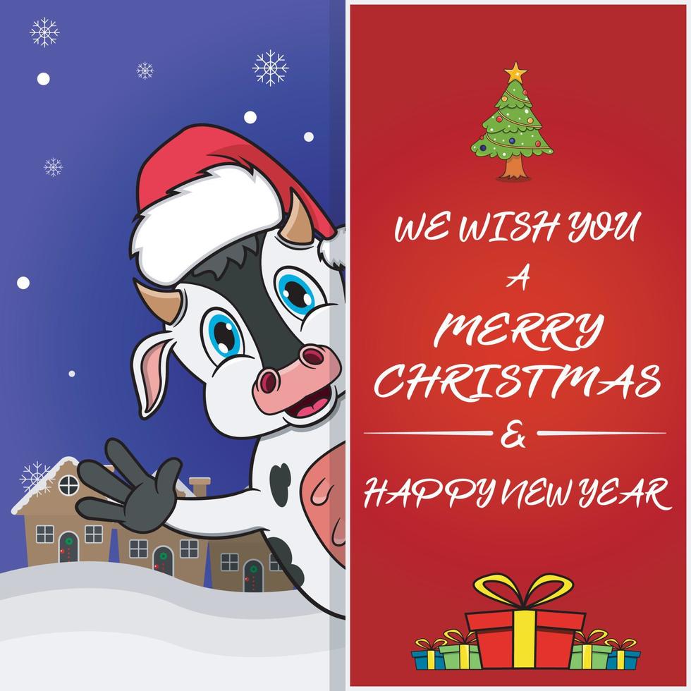 Merry Christmas Greeting Card, Flyer, Invitation, and Poster. Cute Cow Character Design Wearing Hat. vector