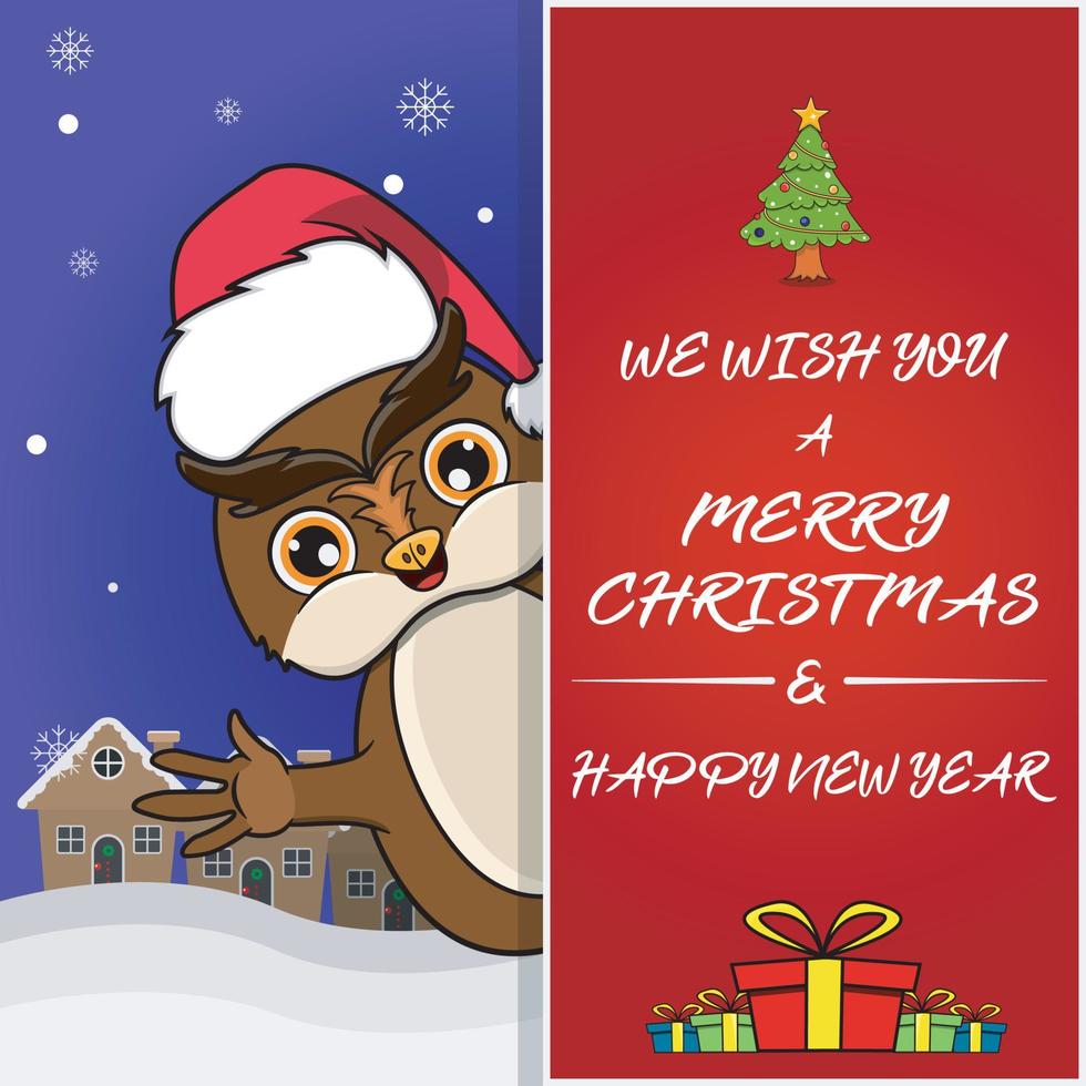 Merry Christmas Greeting Card, Flyer, Invitation, and Poster. Cute Owl Character Design Wearing Hat. vector