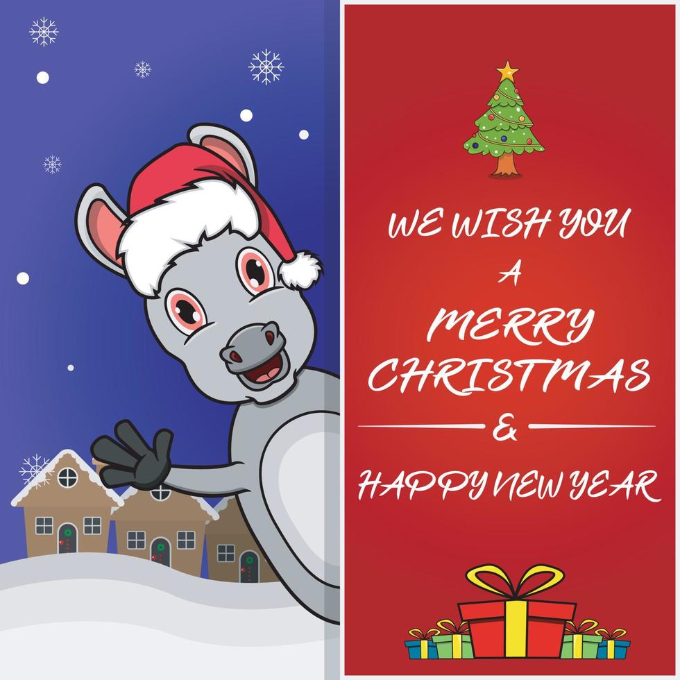 Merry Christmas Greeting Card, Flyer, Invitation, and Poster. Cute Donkey Character Design Wearing Hat. vector