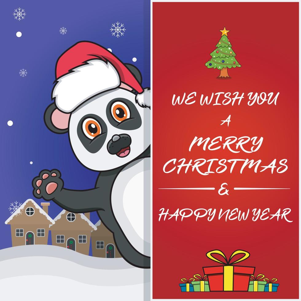 Merry Christmas Greeting Card, Flyer, Invitation, and Poster. Cute Panda Character Design Wearing Hat. vector