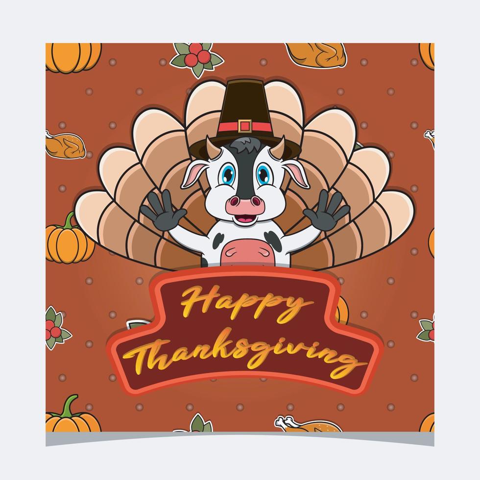 Happy Thanksgiving Card With Cute Cow Character Design. Greeting Card, Poster, Flyer and Invitation. vector