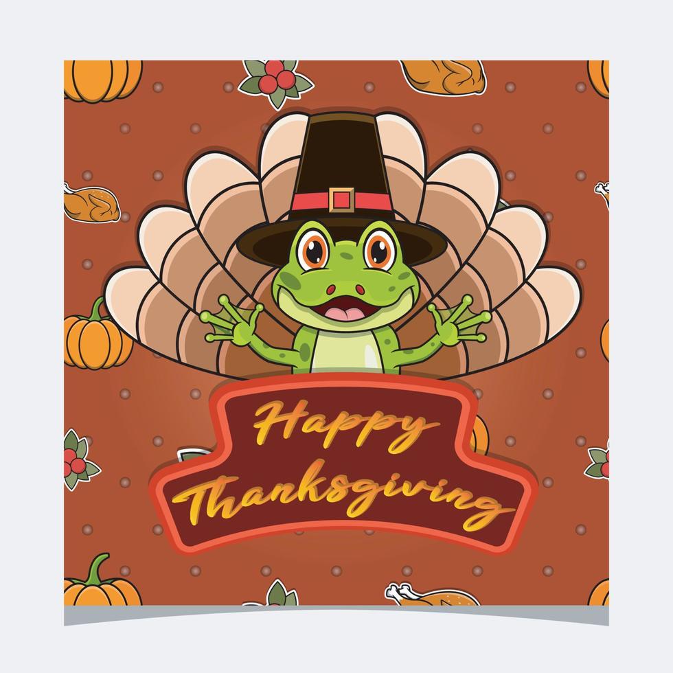 tarjeta de acción de gracias feliz con diseño de personaje de rana lindo. tarjeta de felicitación, póster, volante e invitación. vector