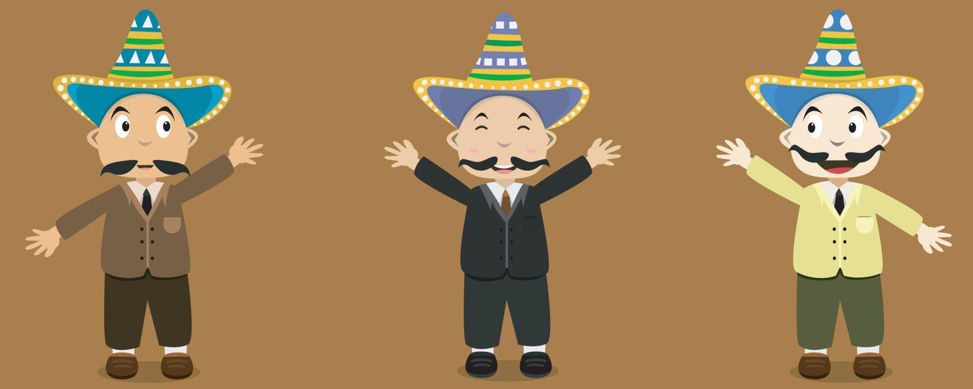 Vector Illustration of Three Type Smile Mexico Boy and Brown Color Background.