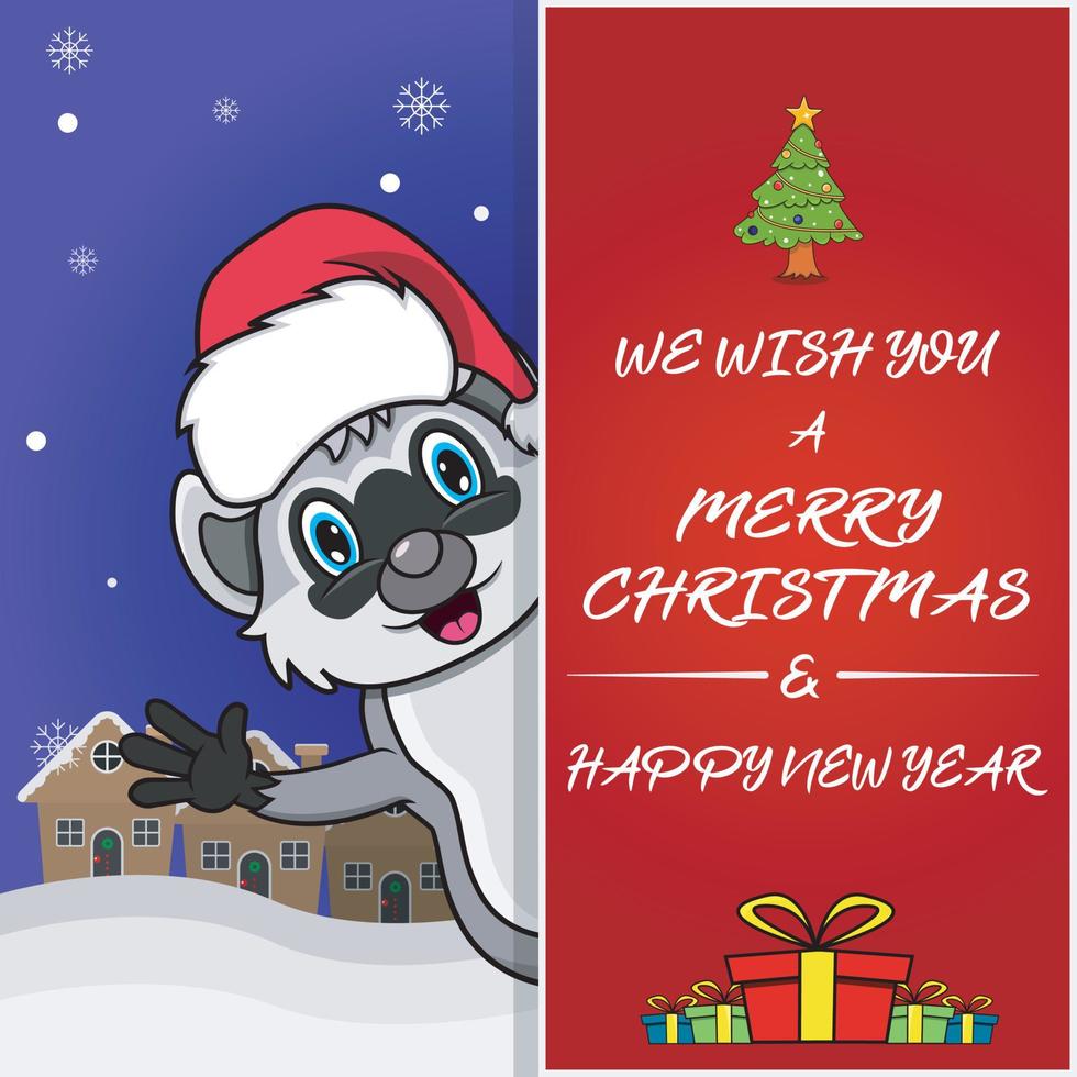 Merry Christmas Greeting Card, Flyer, Invitation, and Poster. Cute Raccoon Character Design Wearing Hat. vector