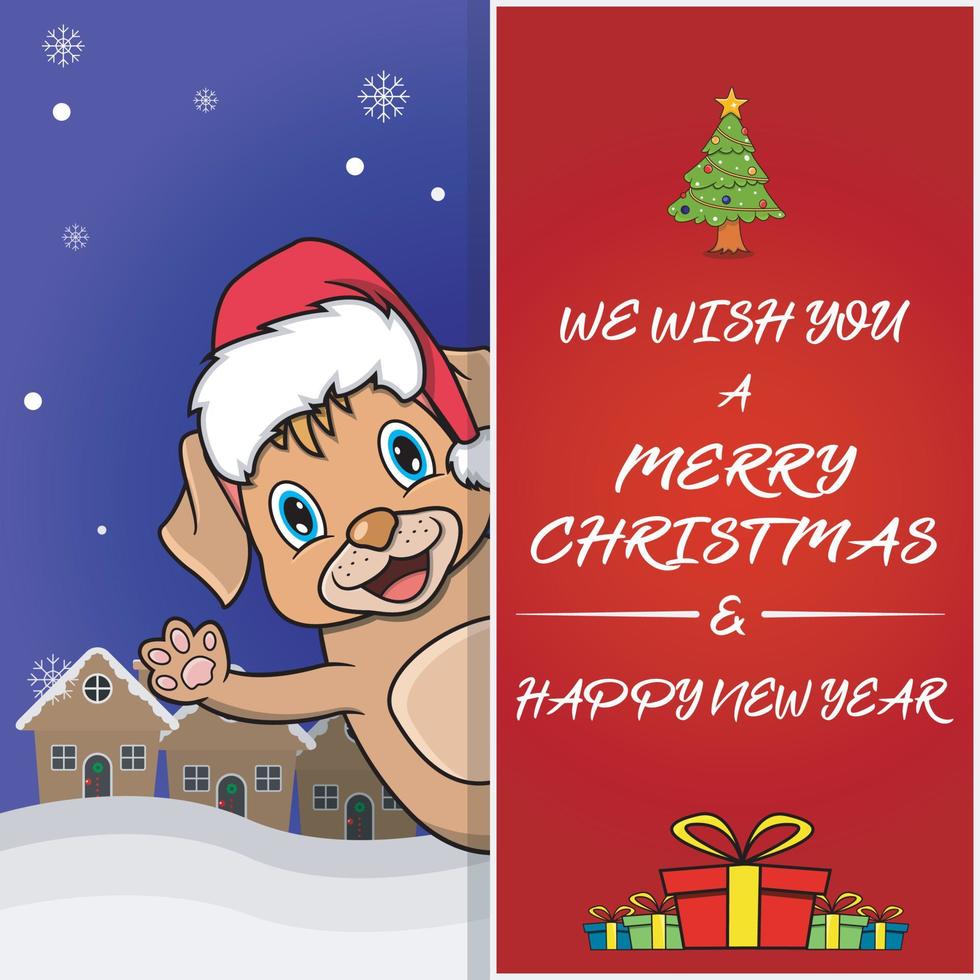 Merry Christmas Greeting Card, Flyer, Invitation, and Poster. Cute Dog Character Design Wearing Hat. vector