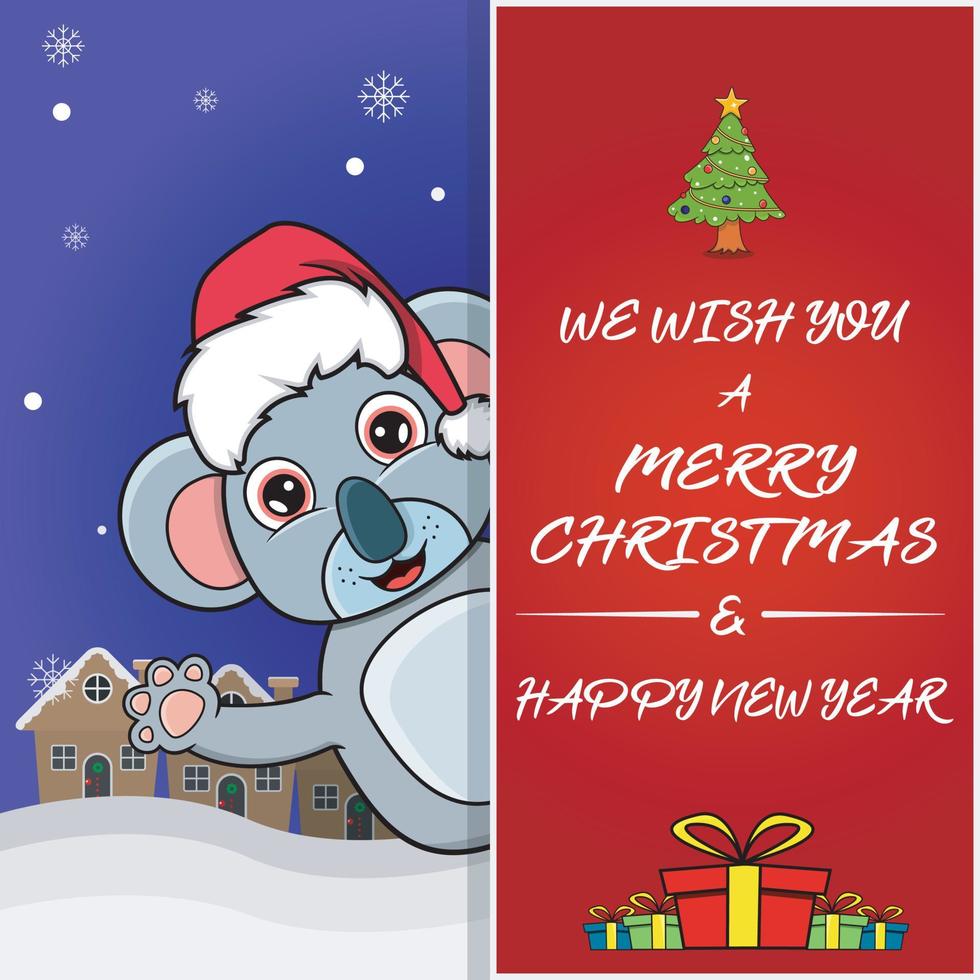 Feliz Navidad tarjeta de felicitación, volante, invitación y póster. lindo diseño de personaje de koala con sombrero. vector