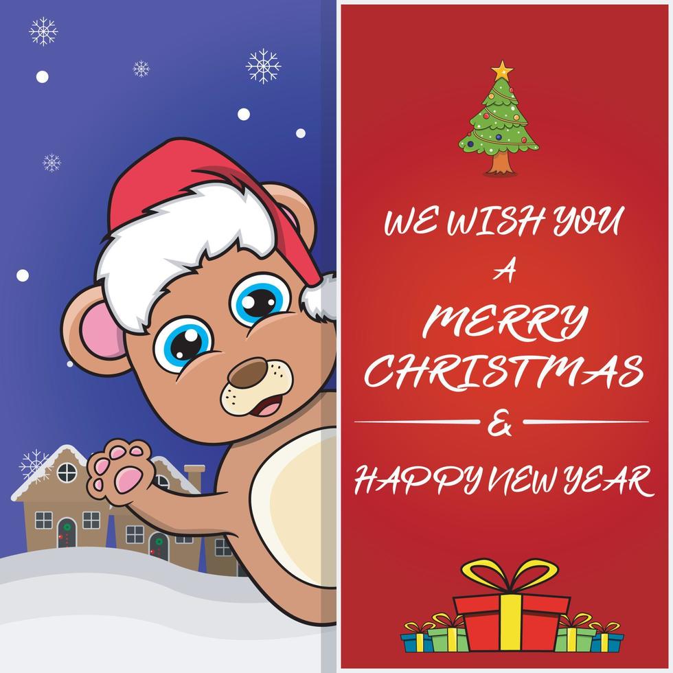 Merry Christmas Greeting Card, Flyer, Invitation, and Poster. Cute Bear Character Design Wearing Hat. vector