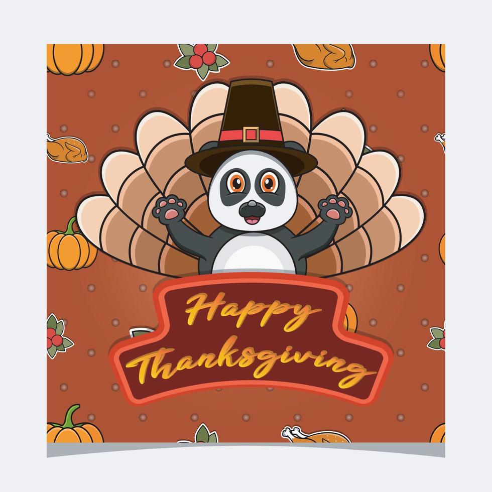 Happy Thanksgiving Card With Cute Panda Character Design. Greeting Card, Poster, Flyer and Invitation. vector