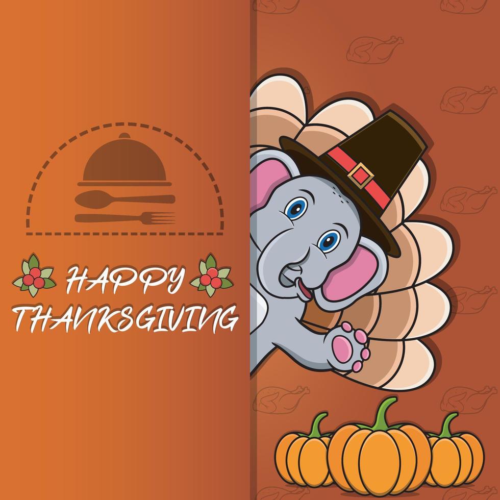 Thanksgiving card with Elephant Character Design. Happy Thanksgiving. Perfect For greeting card, Poster or Flyer Celebration Design. vector