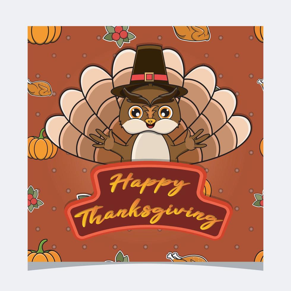 Happy Thanksgiving Card With Cute Owl Character Design. Greeting Card, Poster, Flyer and Invitation. vector