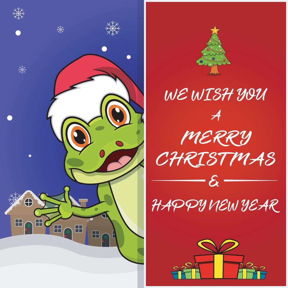 Merry Christmas Greeting Card, Flyer, Invitation, and Poster. Cute Frog Character Design Wearing Hat. vector