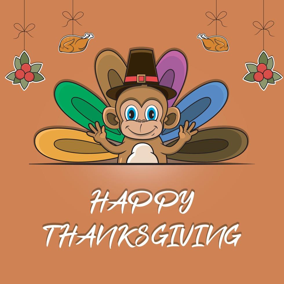 Happy Thanksgiving Greeting Card, Poster, or flyer Celebration Design With Monkey Character. vector