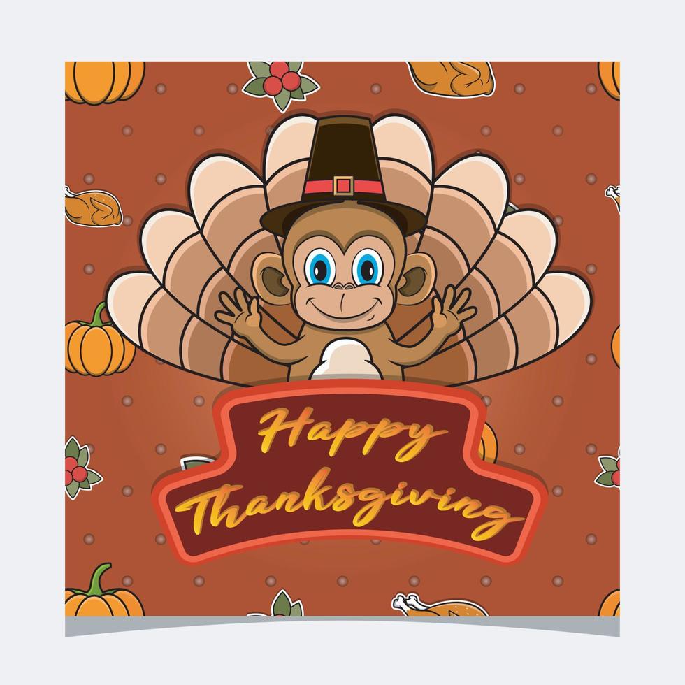 Happy Thanksgiving Card With Cute Monkey Character Design. Greeting Card, Poster, Flyer and Invitation. vector