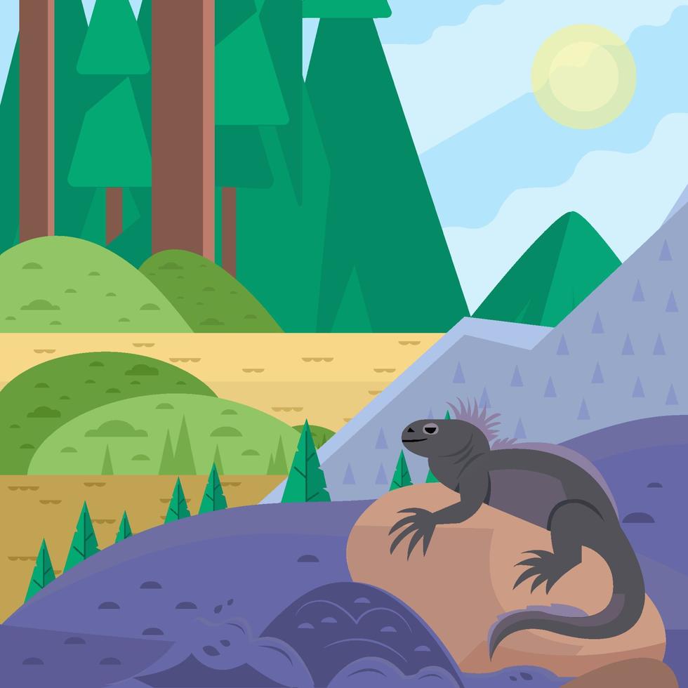 Lizard On Rocks Near Forest Concept vector