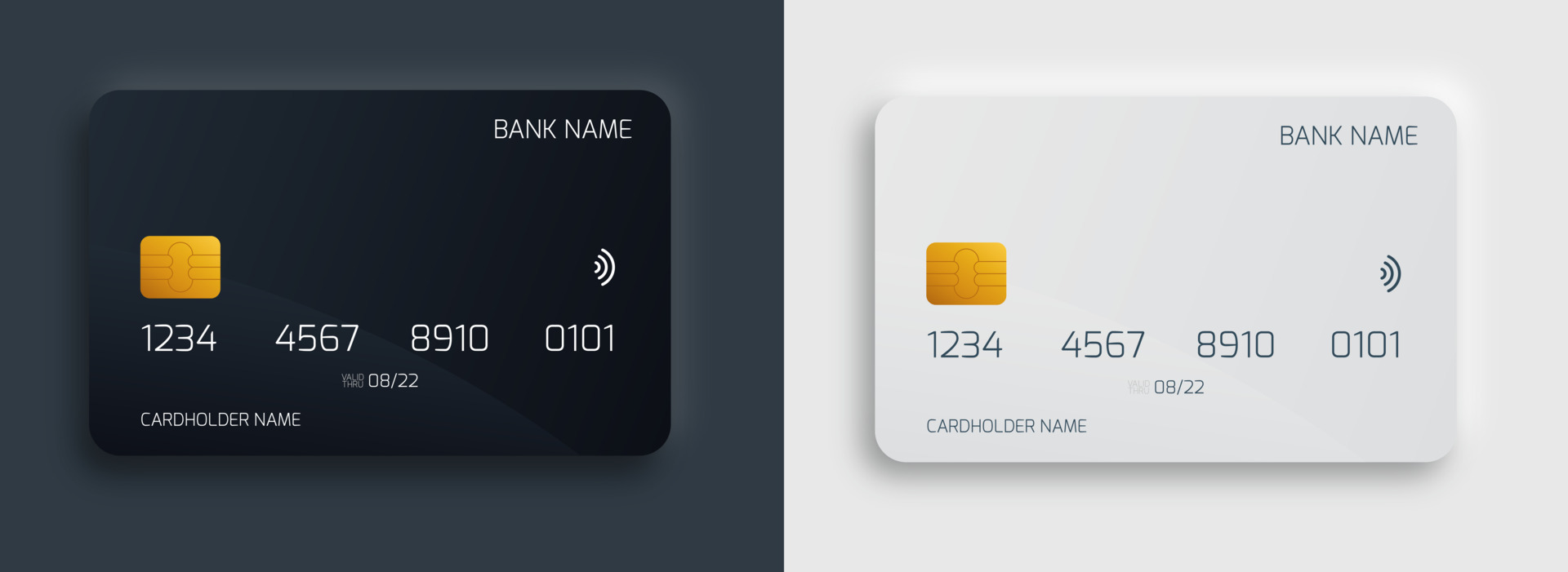 Plastic bank card design template set. Isolated credit or debit cards