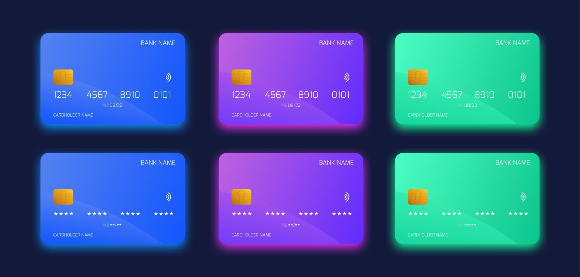 Conjunto de plantillas de diseño de tarjeta bancaria de plástico. maqueta de tarjetas de crédito o débito aisladas con un colorido concepto de estilo degradado. vector