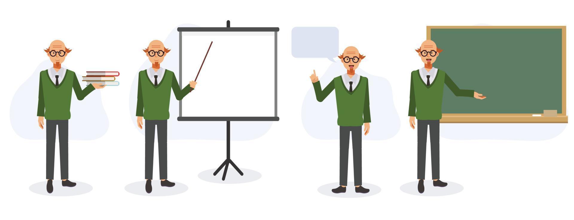 Set of teacher professor is standing and presenting with whiteboard ,chalkboard. Flat vector 2D cartoon character illustration.