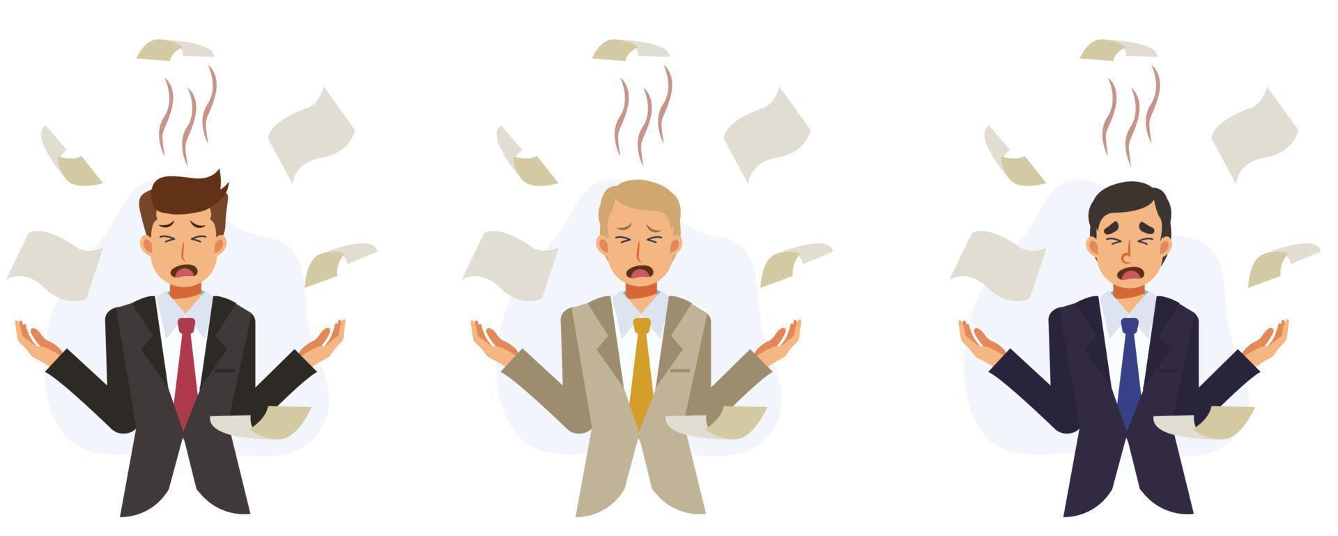 Business working concept, overwhelmed work.Set of businessman got exhausted from too muck work..Flat vector 2D cartoon character illustration.