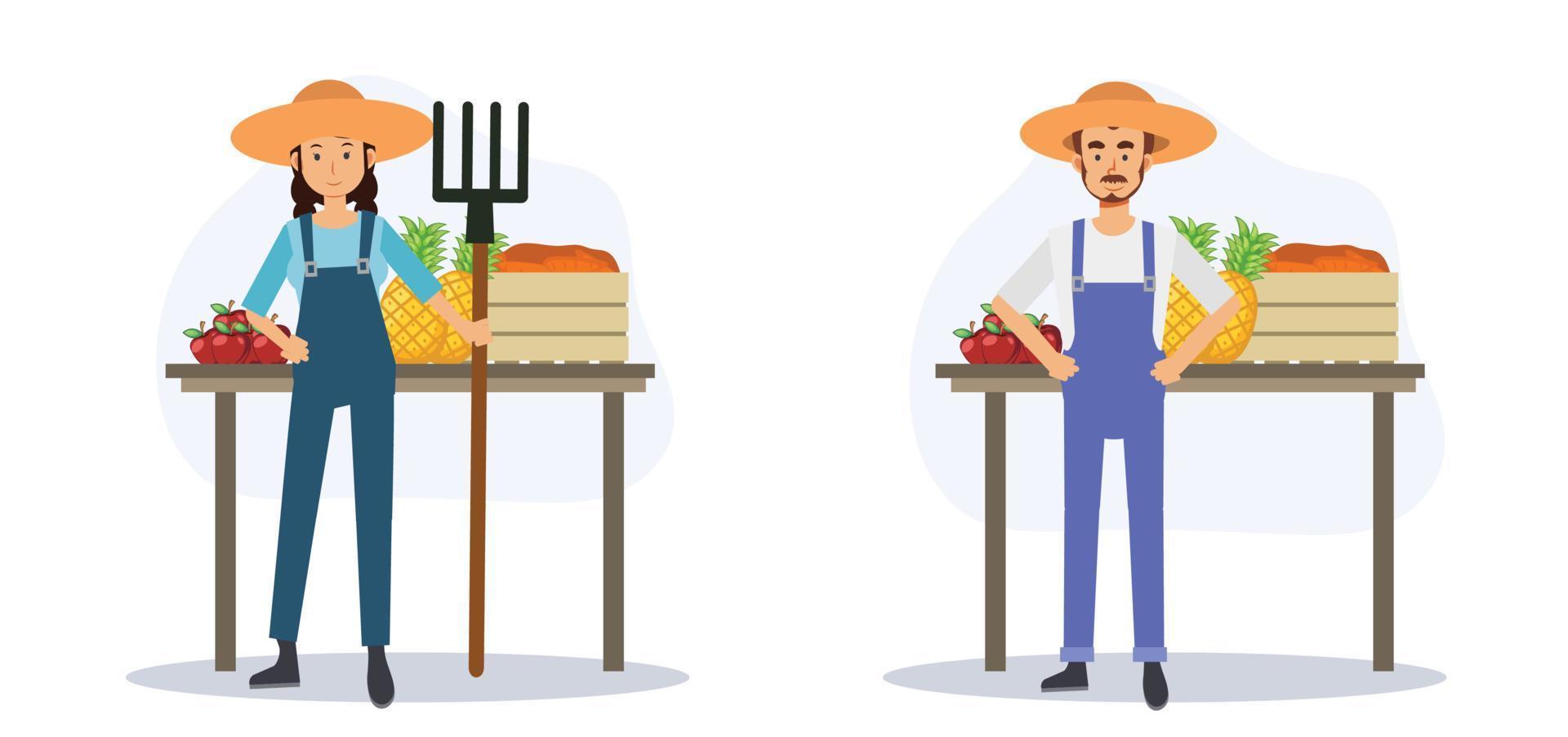 agriculture concept,farmer market, Set of farmer is standing in front of their product.Flat vector 2D cartoon character illustration.