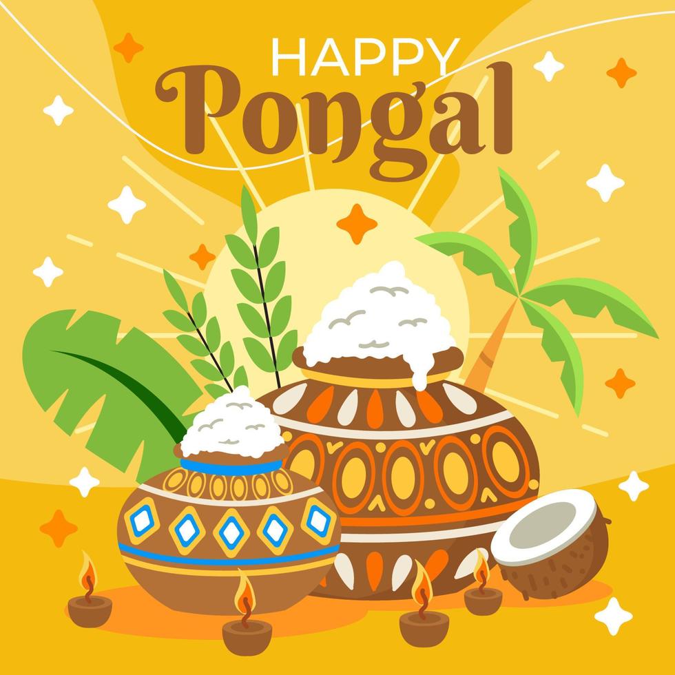 celebración de pongal con coloridos elementos festivos. vector