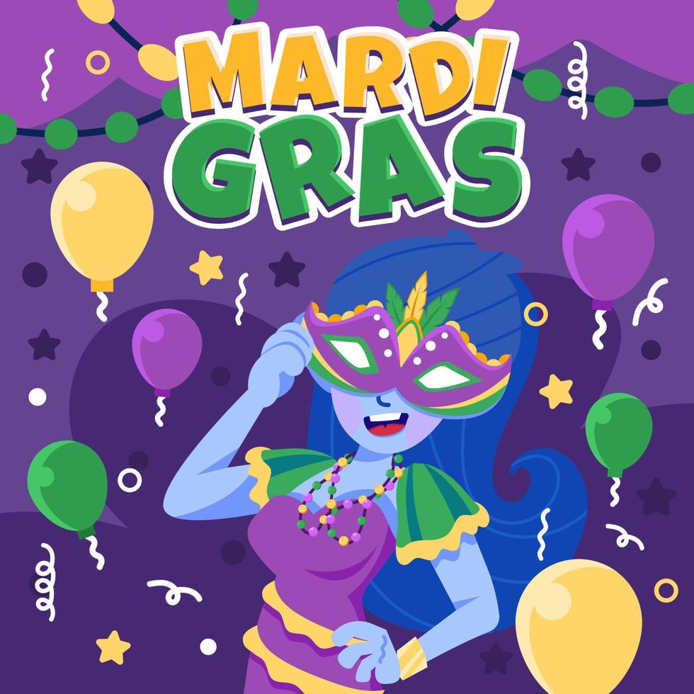 mujer, llevando, máscara de mardi gras vector