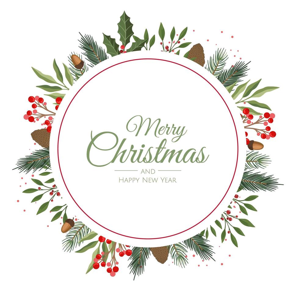 Round Christmas background with fir branches, red berries. Vector top