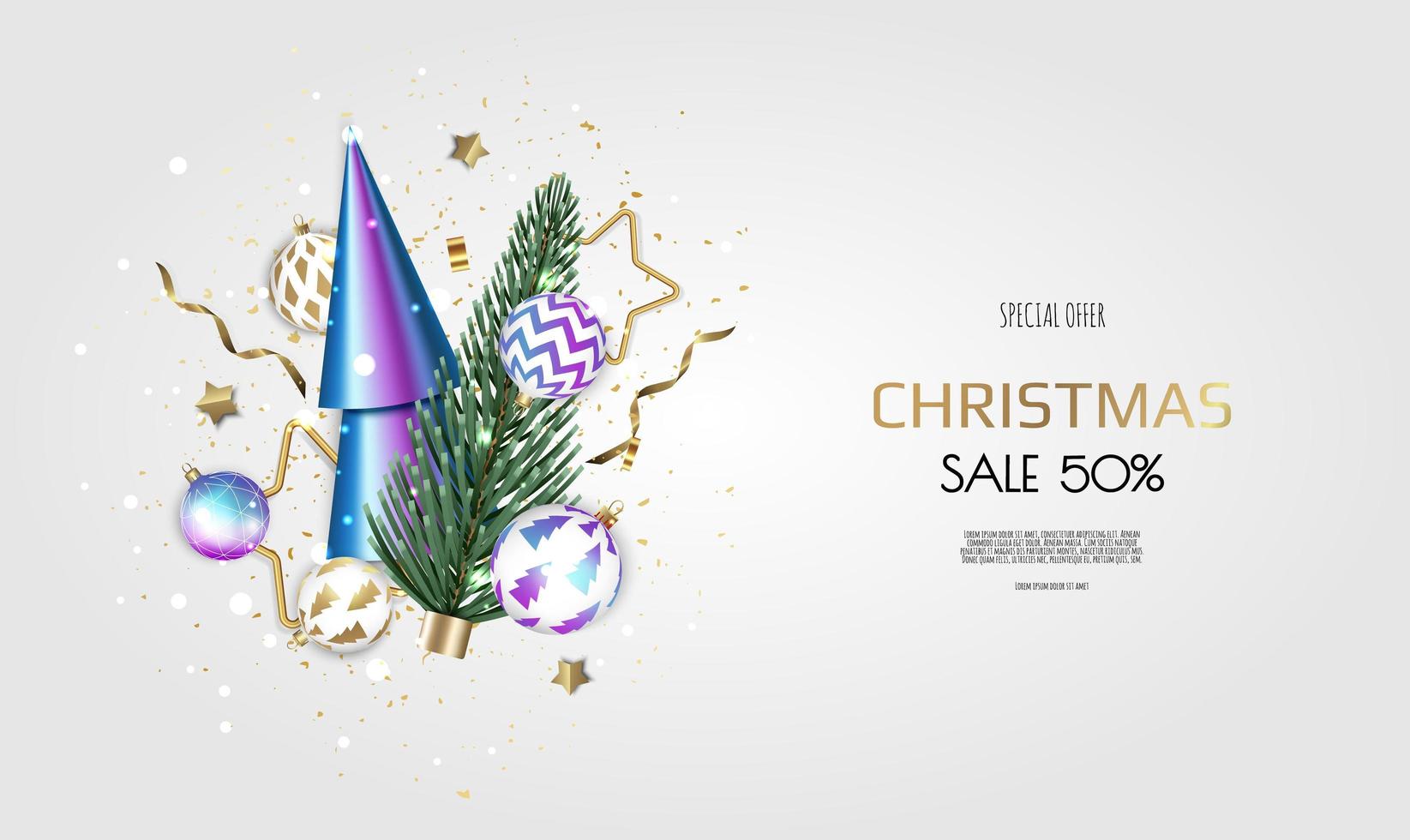 Merry Christmas and Happy New Year. Xmas Festive background with realistic 3d objects, blue and gold balls, conical christmas tree. Levitation falling design composition. vector