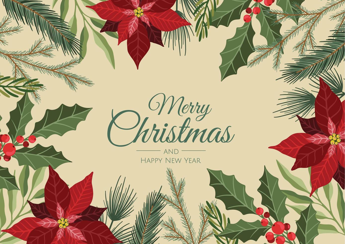 Christmas and Happy New Year Floral Card templates. Trendy retro style. Vector design element.