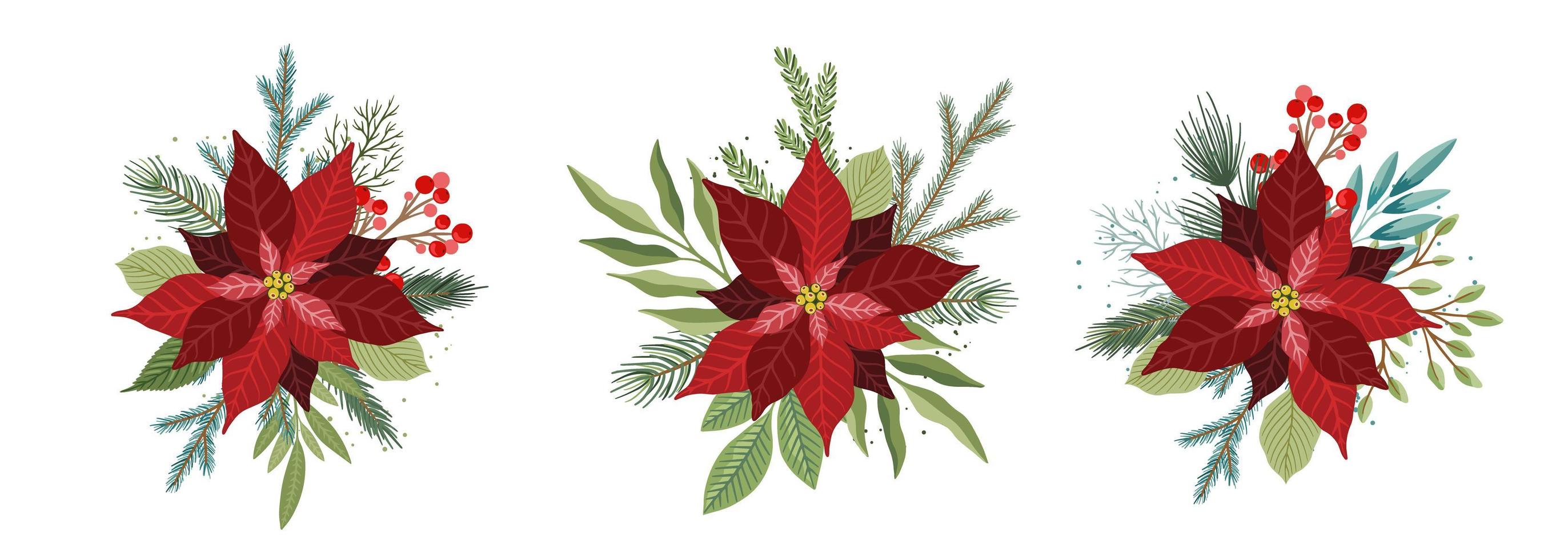 navidad con flores de nochebuena y elementos florales navideños vector