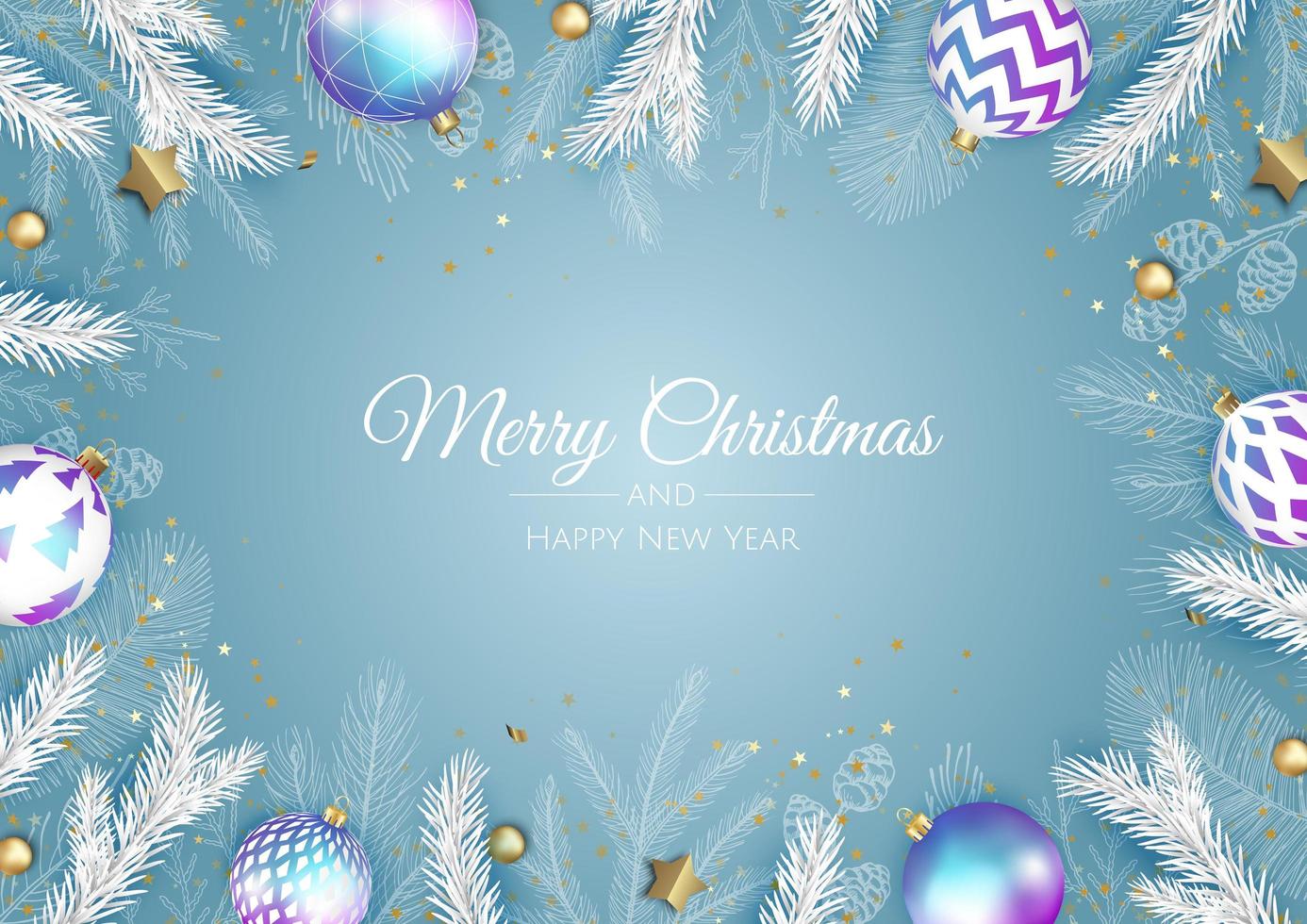 Merry Christmas and Happy New Year. Xmas Festive background with realistic 3d objects, blue and gold balls, conical christmas tree. Levitation falling design composition. vector