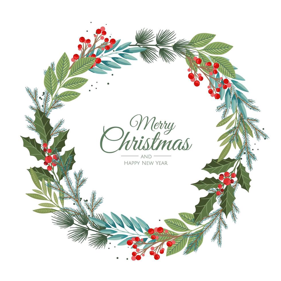 feliz navidad y año nuevo tarjeta con corona de pino, muérdago, plantas de invierno diseño ilustración para saludos, invitación, volante, folleto. vector