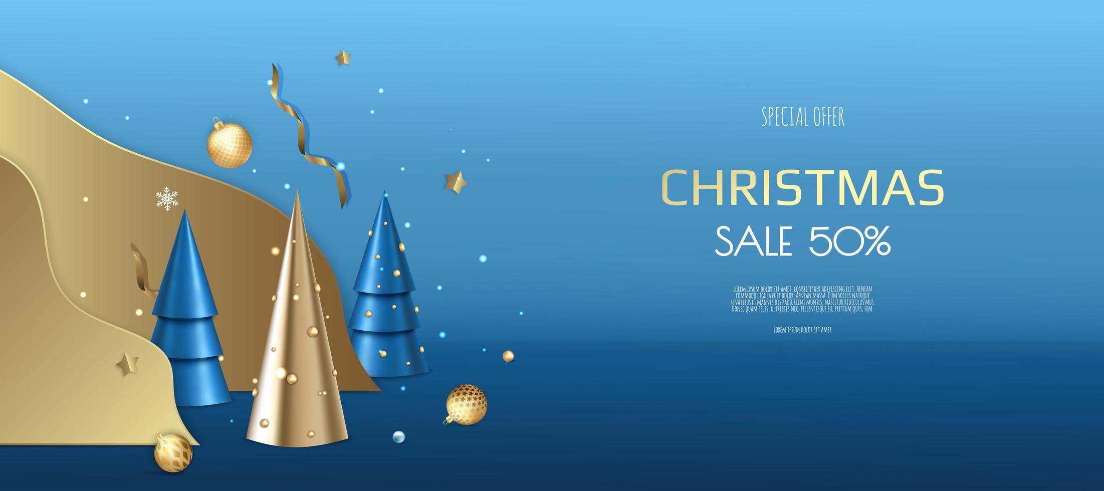 Christmas banner. Background Xmas design with christmas balls, gold confetti, xmas tree. Horizontal New Year poster, greeting card, header, website. vector