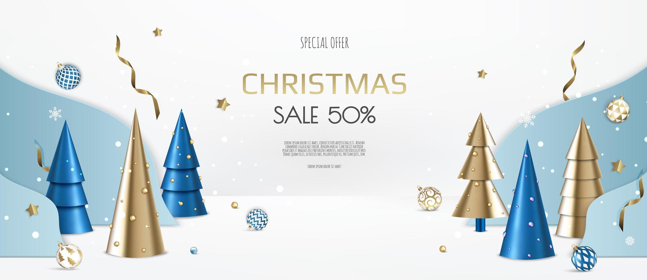 Christmas banner. Background Xmas design with christmas balls, gold confetti, xmas tree. Horizontal New Year poster, greeting card, header, website. vector