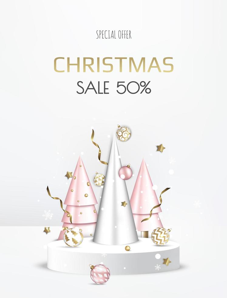 3D circle podium display with Christmas tree. Winter holiday background. vector