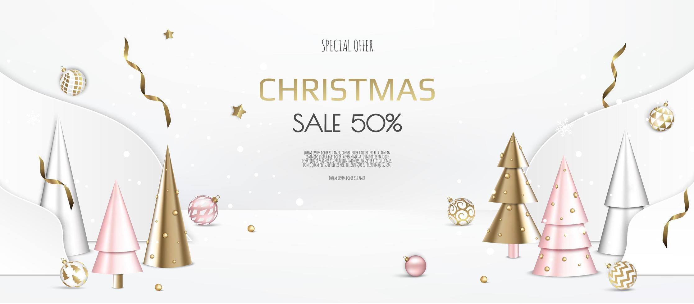 Christmas and New Year background. Conical Gold Christmas Trees. Winter holiday composition. Greeting card, banner, poster, header for website vector
