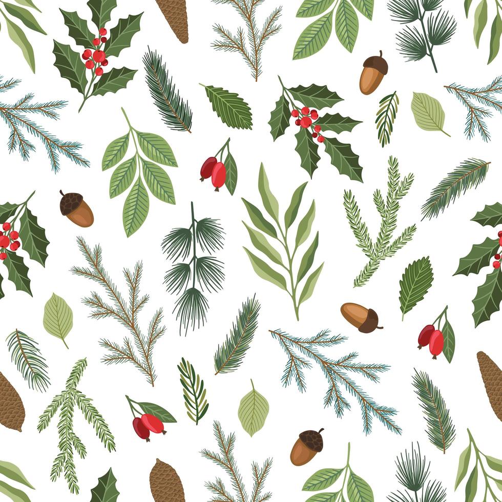 Christmas seamless pattern. Pine twigs, red berries, snowflakes. Season greeting digital paper. Winter Xmas holidays vector