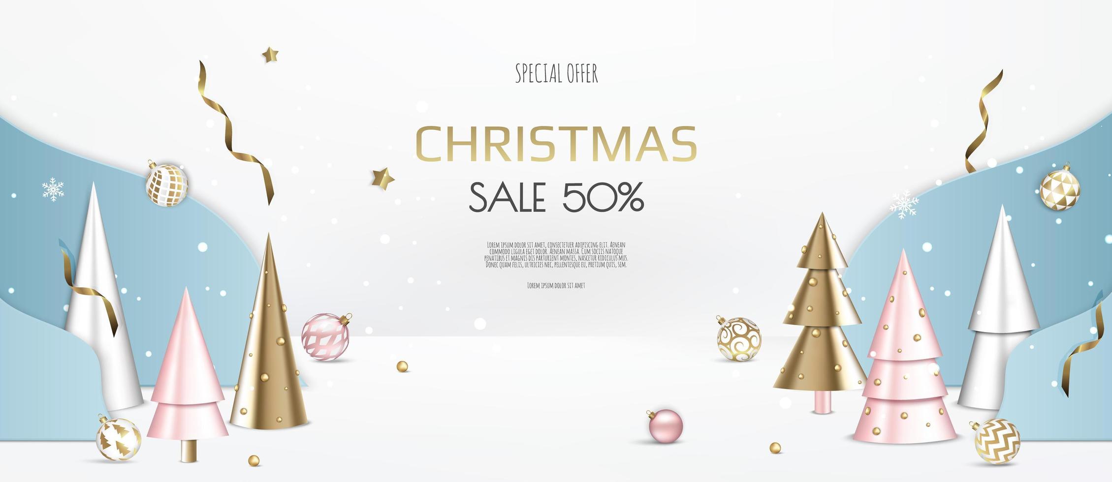 Christmas banner. Background Xmas design with christmas balls, gold confetti, xmas tree. Horizontal New Year poster, greeting card, header, website. vector
