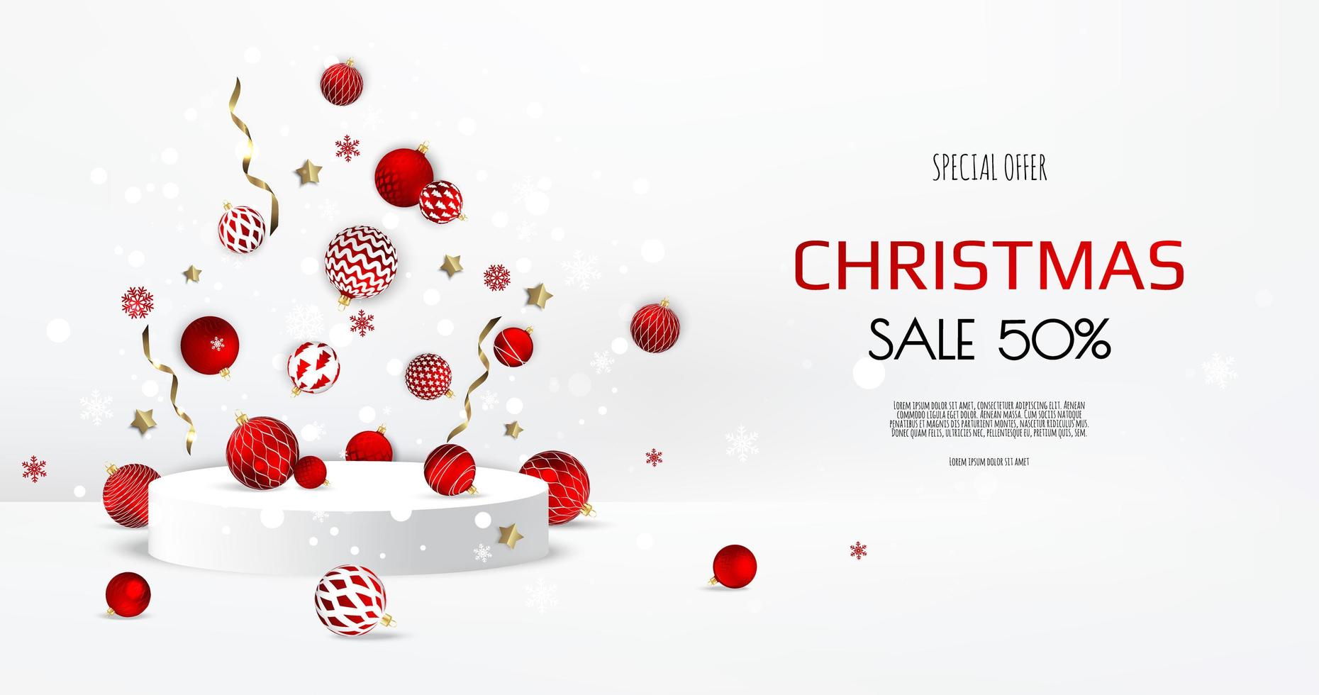 Christmas banner. Background Xmas design with realistic christmas balls, round Realistic stage, glitter gold confetti. Horizontal New Year poster, greeting card, header, website. vector