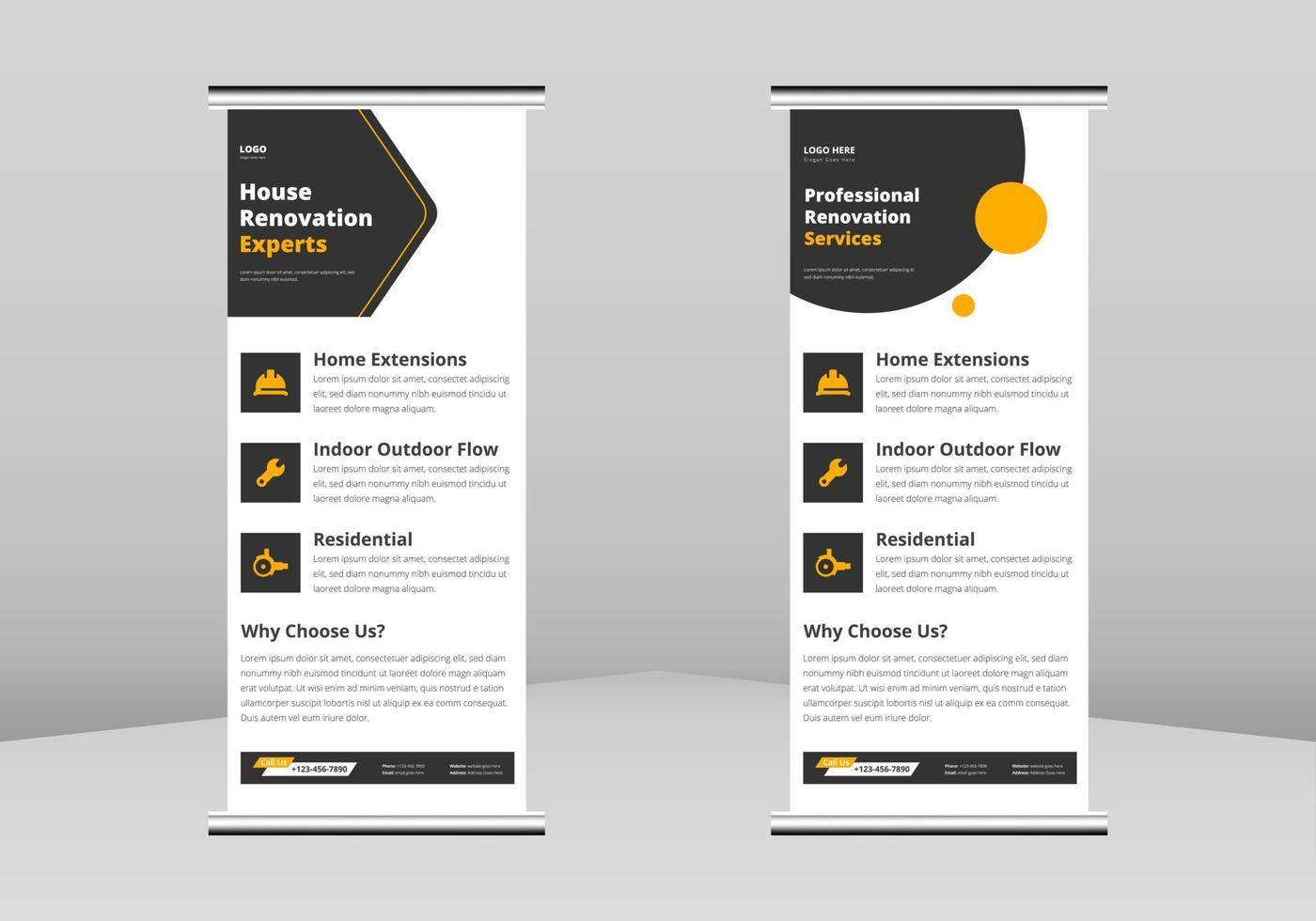 House renovation Roll up Banner Design, Builder poster service Roll up leaflet template. House renovation flyer poster DL Flyer, Trend Business Roll Up Banner Design vector