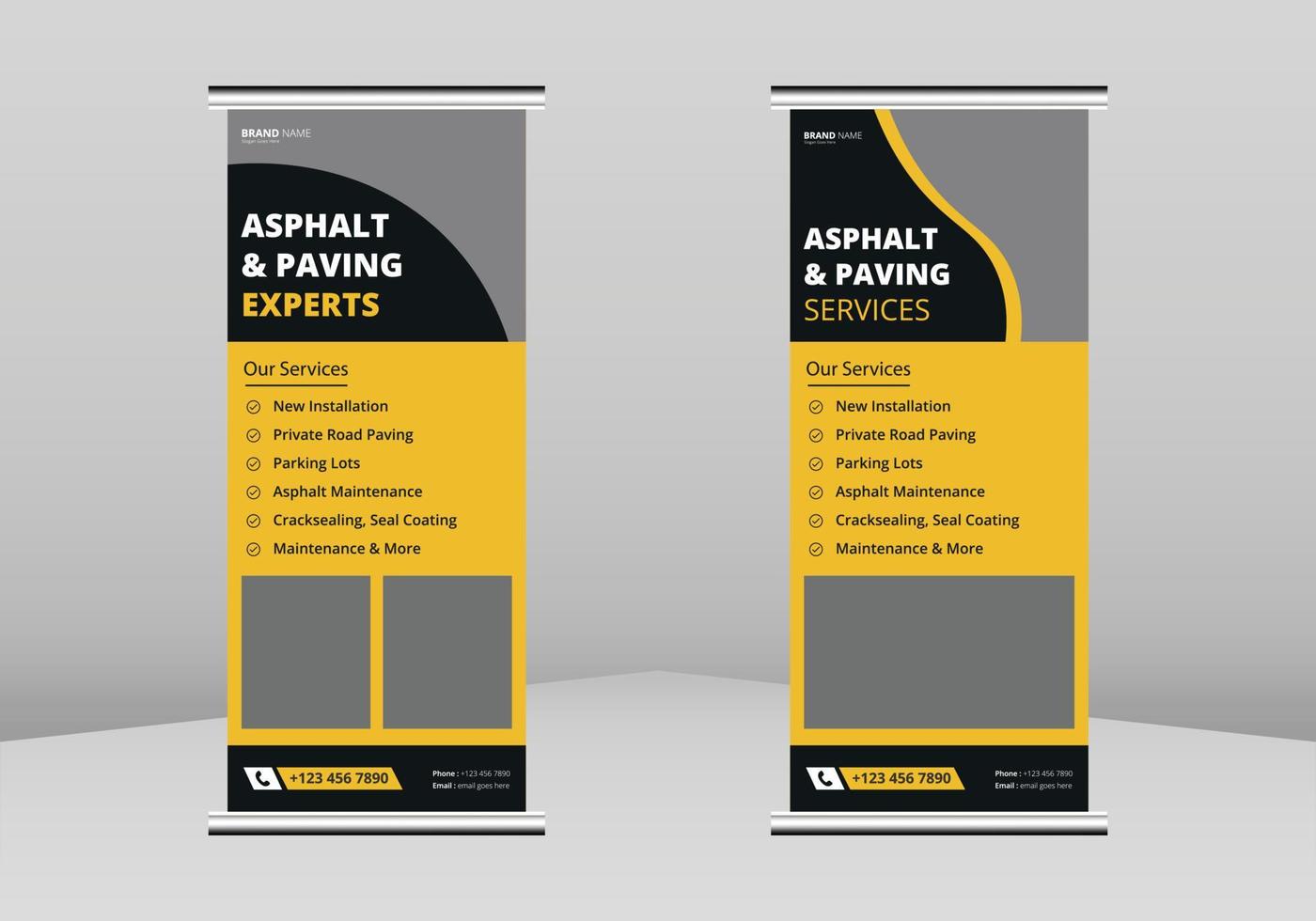 Paving service construction work Roll up Banner Design, Roadwork renovation poster leaflet Roll up leaflet template. Transportation and road maintenance service poster DL Flyer vector