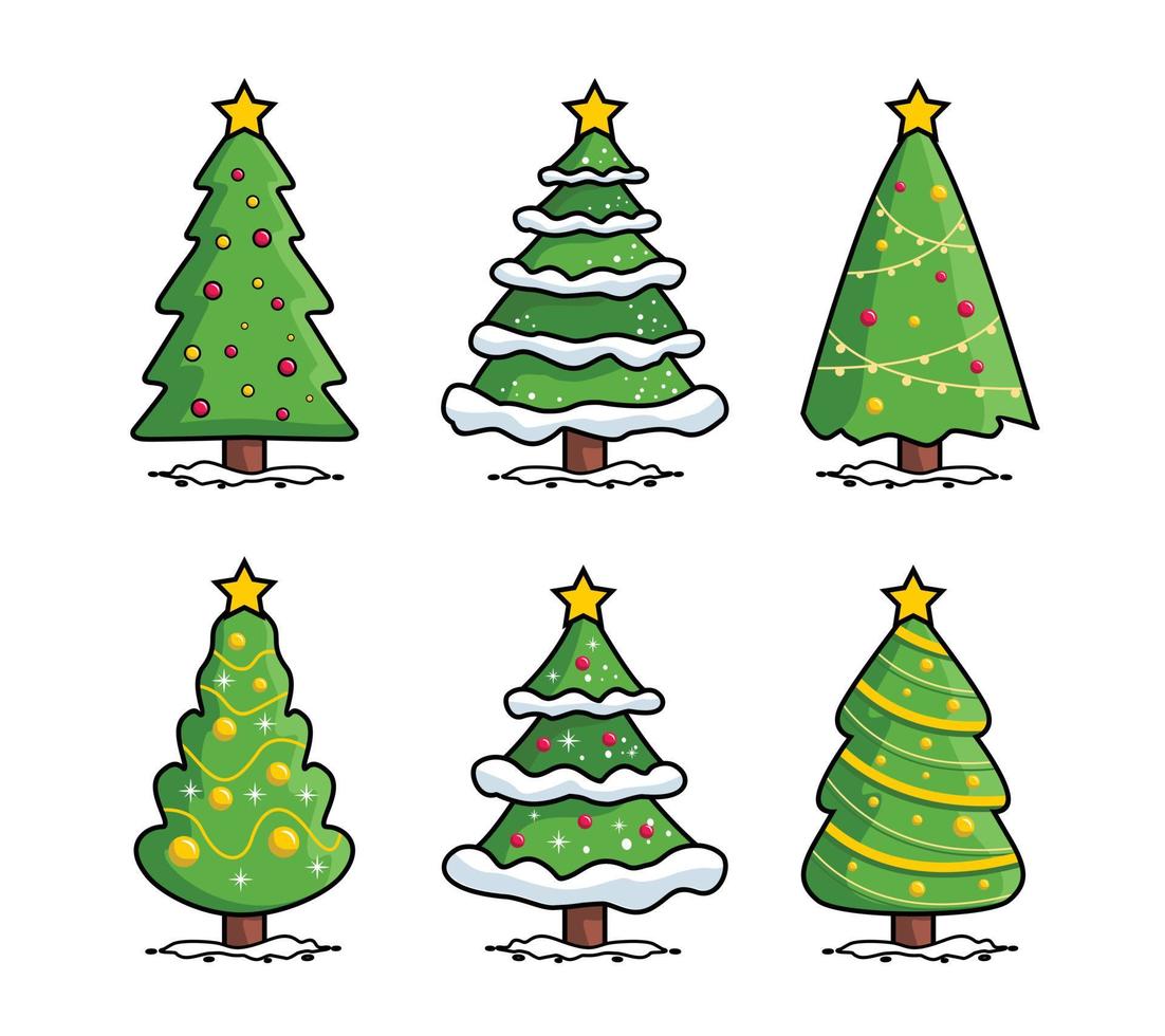 conjunto de colección de dibujos animados de árbol de pino de feliz navidad  4585896 Vector en Vecteezy