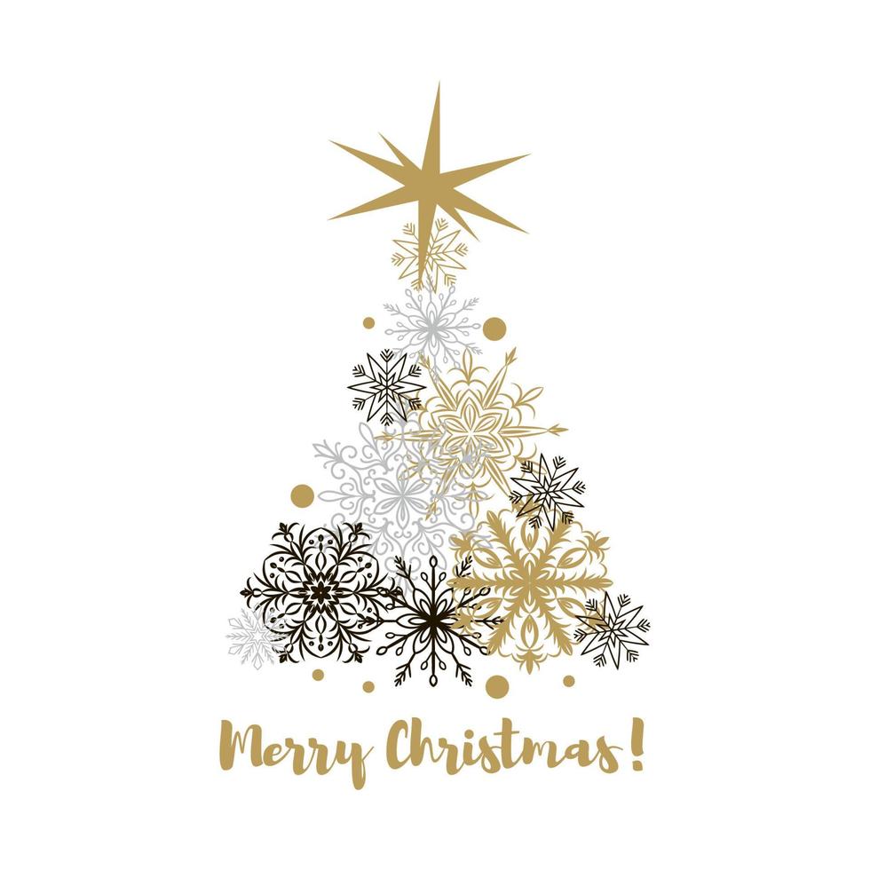 feliz navidad y próspero año nuevo tarjeta de felicitación con un árbol de navidad hecho de hermosos copos de nieve dorados y negros. diseño navideño para pancartas, carteles, masajes, anuncios. espacio para texto vector