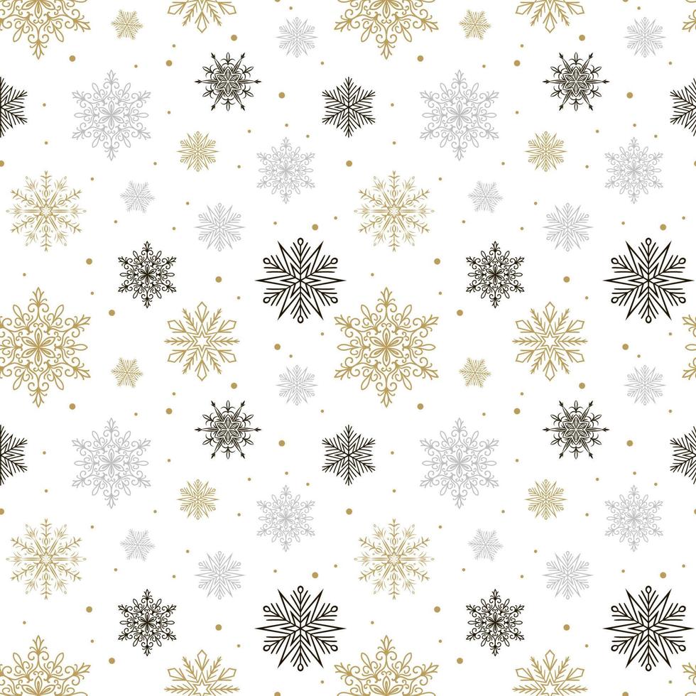 Seamless pattern with gold, black and gray snowflakes isolated on white background. Christmas design. Could be used for gift wrapping paper, prints, fabrics, textiles, web design vector