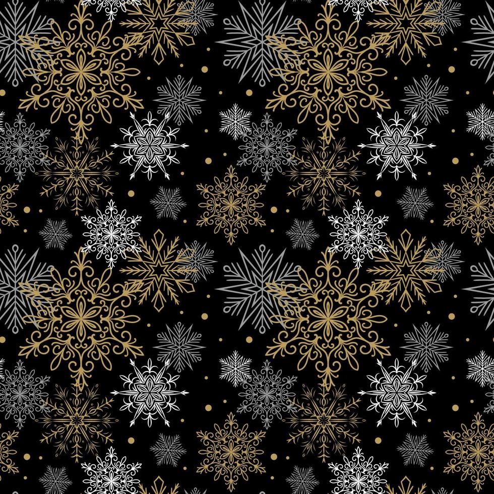 Seamless pattern with gold, white and gray snowflakes on black background. Christmas design. Could be used for gift wrapping paper, prints, fabrics, textiles, web design vector