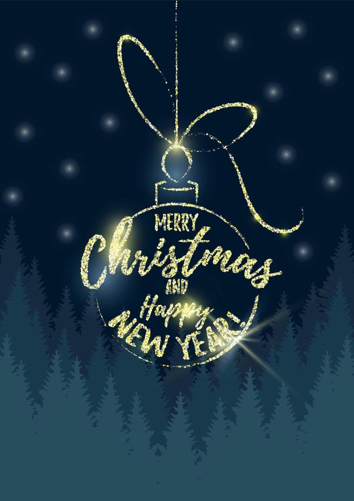 Vector illustration of a glitter Christmas ball with Merry Christmas and Happy New Year text on dark Christmas tree background. Christmas design.