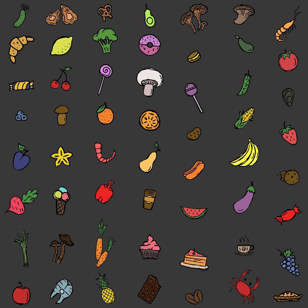 big set of colored food icons. icons of seafood, mushrooms, sweets, vegetables and fruits. vector food icons