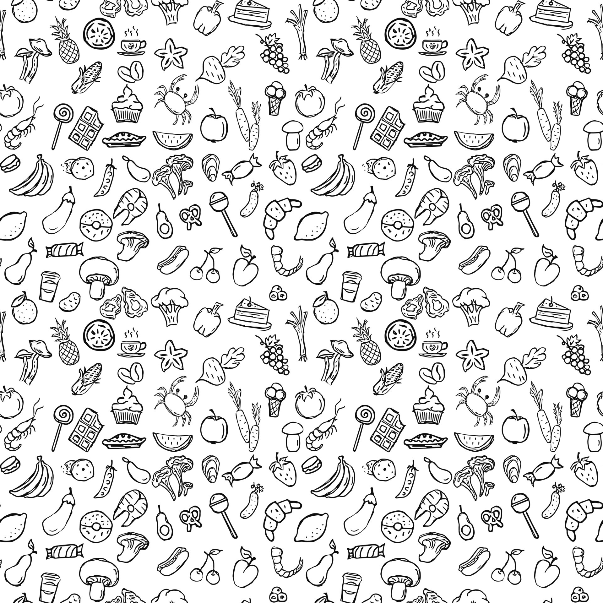 seamless pattern with food icons. icons of seafood, mushrooms, sweets
