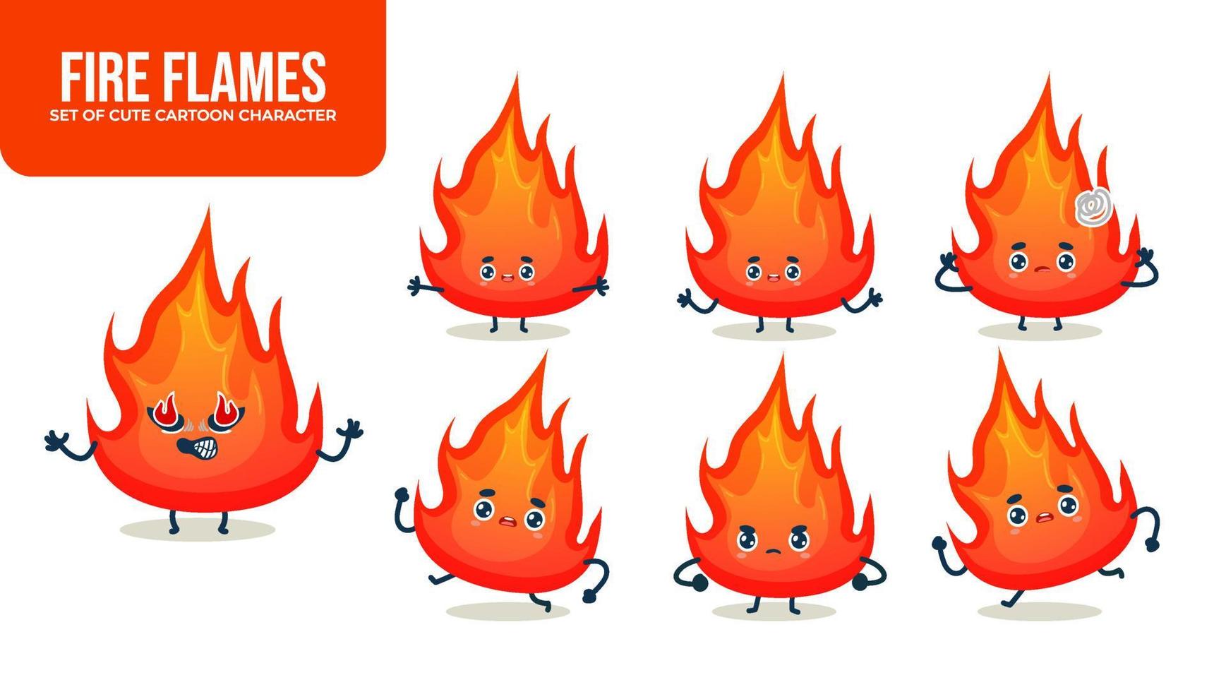 Set of cute fire flames cartoon character with different poses Premium Vector