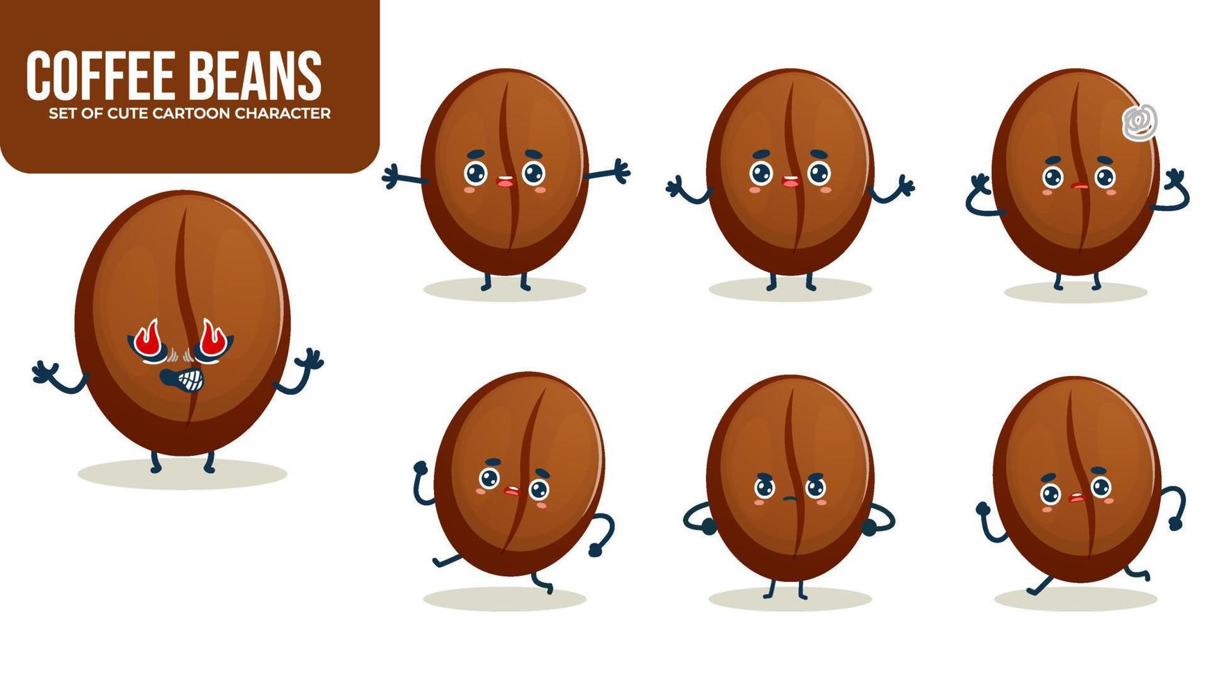 Set of cute coffee beans cartoon character with different poses Premium Vector