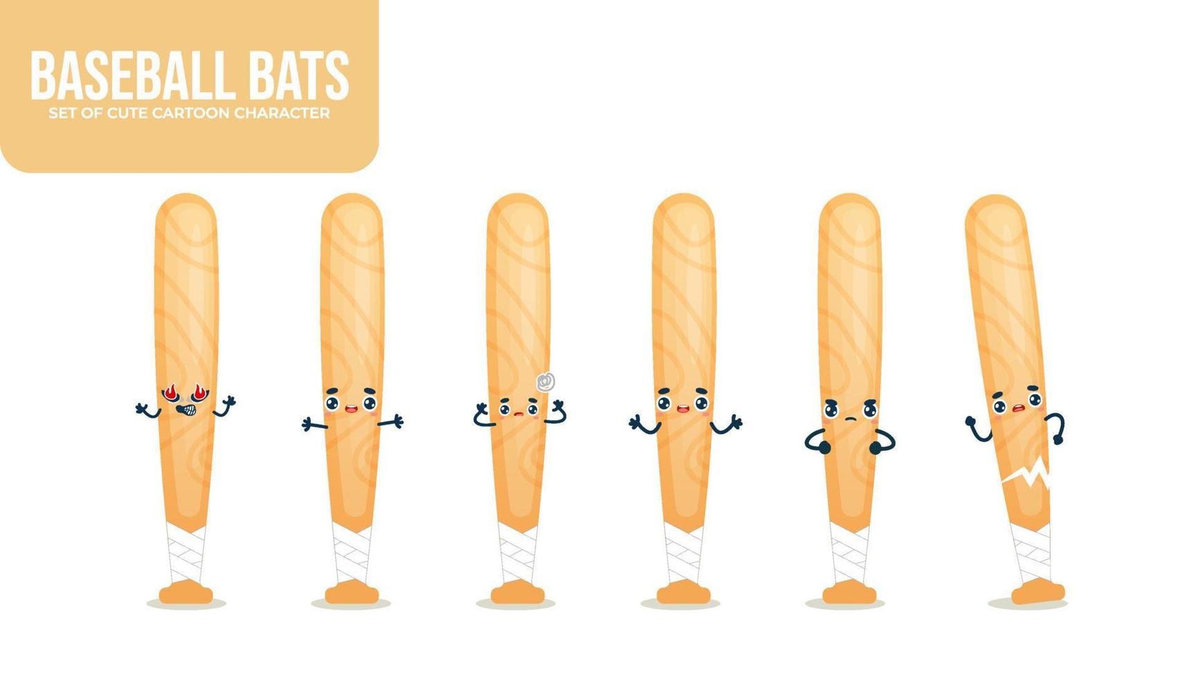 Set of cute baseball bats cartoon character with different poses baseball equipment vector